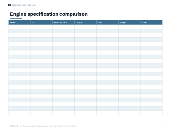 Preview of Printable Engine Spec Comparison Chart
